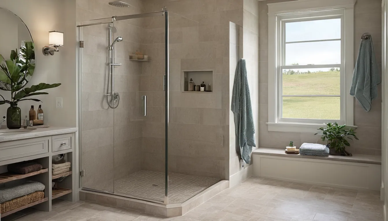 A smiling homeowner stepping into a bright walk-in shower with a bench and grab bar in a home in Fort Worth