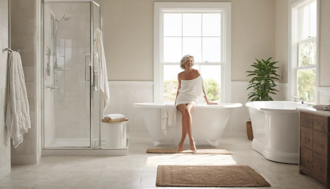 A senior homeowner smiling beside a walk-in tub in a bright bathroom in Fort Worth